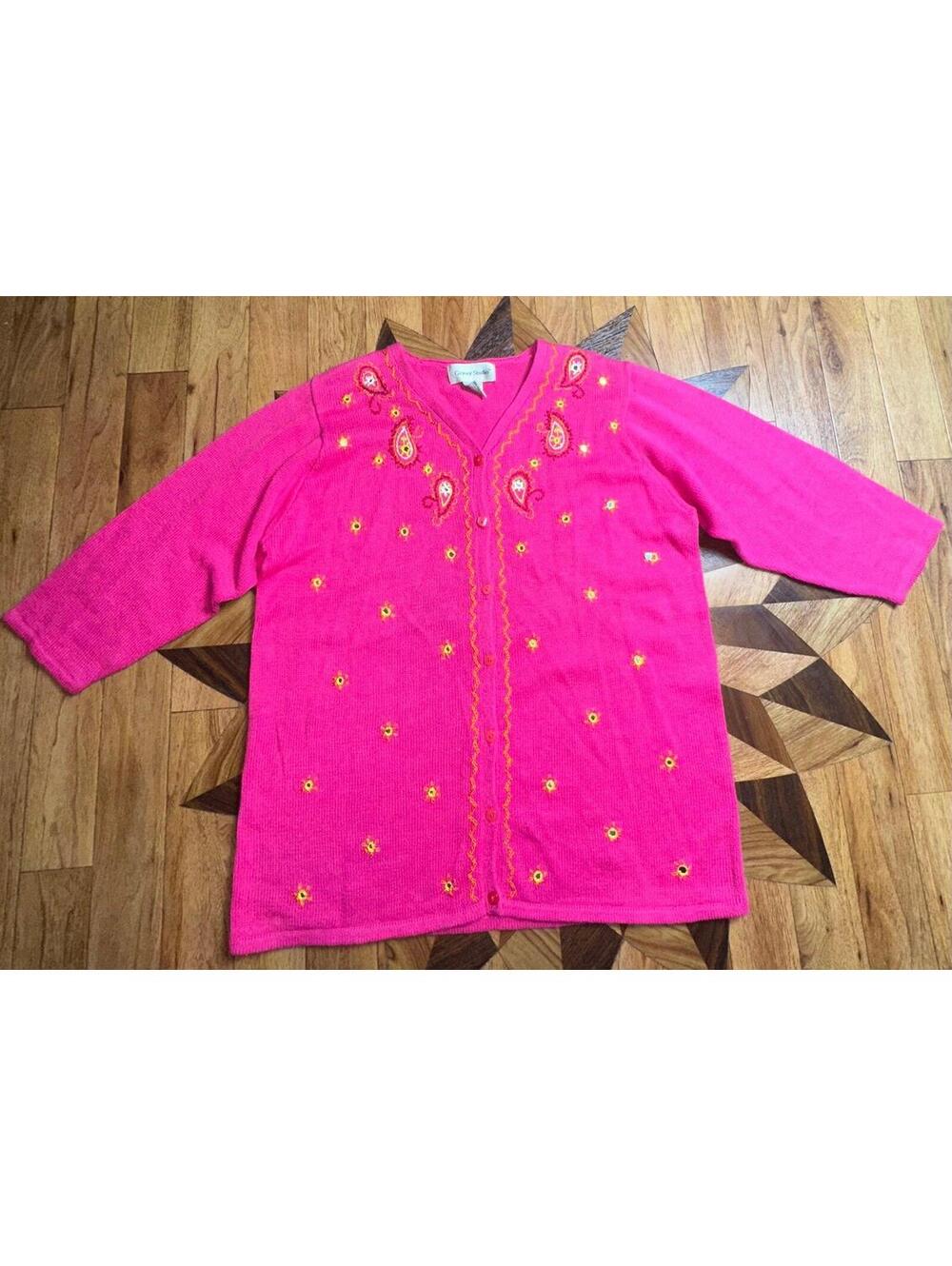 Susan Graver Studio Pink Embroidered Cardigan Sweater Large 3/4 Sleeve